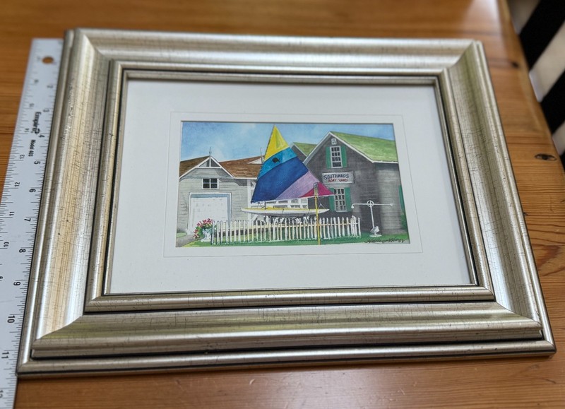 Signed Framed Watercolor Southards Boat Yard Sailboat Coastal Art 1989 gallery