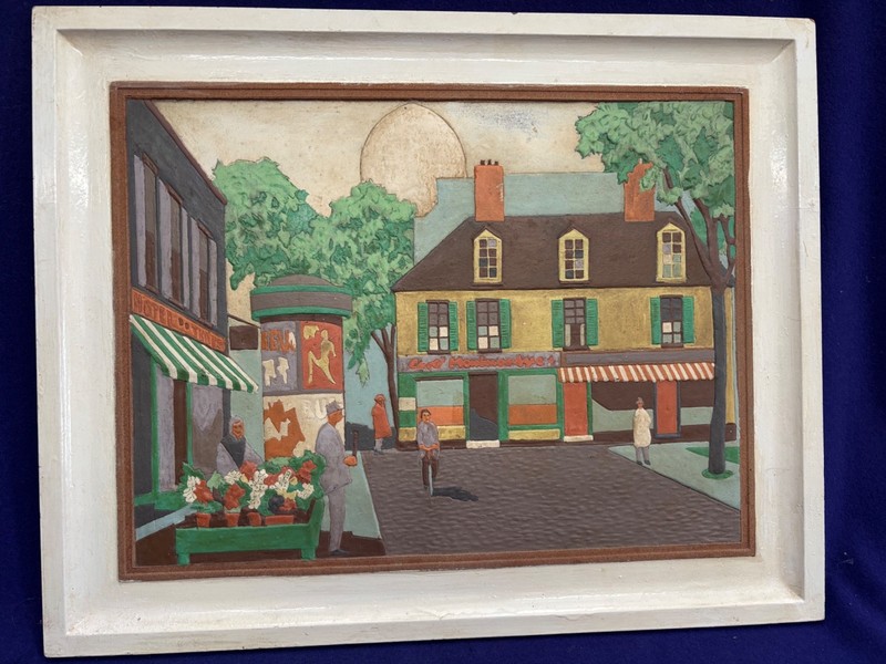 VINTAGE WOODEN RELIEF CARVING STREET SCENE VILLAGE SIGNED GENRE PAINTING FOLKART