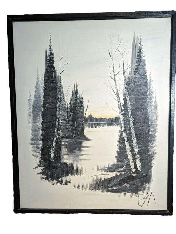 Acrylic Painting Retro Winter Lake In Forest Sunset On Canvas Black White Rear
