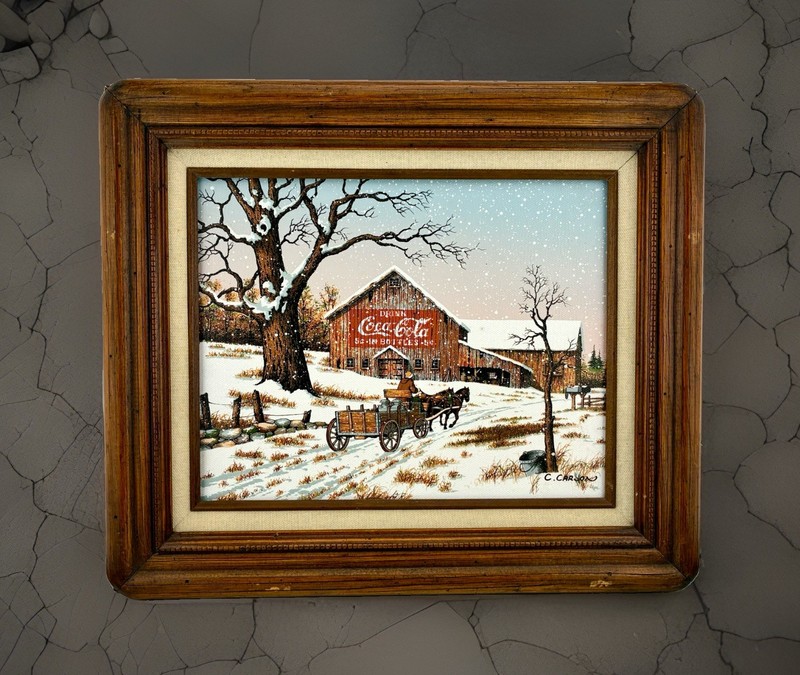 Vintage C. Carson Coca Cola Barn Serigraph Canvas Framed Winter Snow Scene 8×10