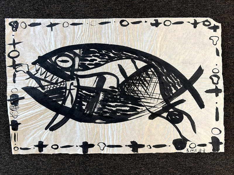 Vintage 80s Outsider Art Primitive Figural Painting Stuart Buehler 17×11″ Fish