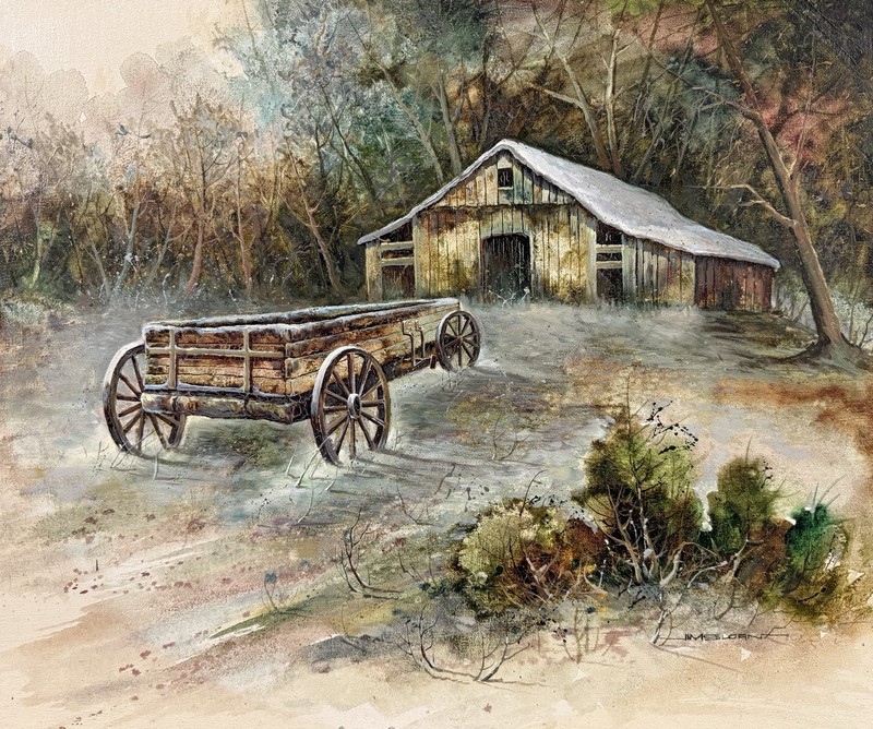 Jim Sloan, Vintage Oil Painting, Rustic Landscape - Barn
