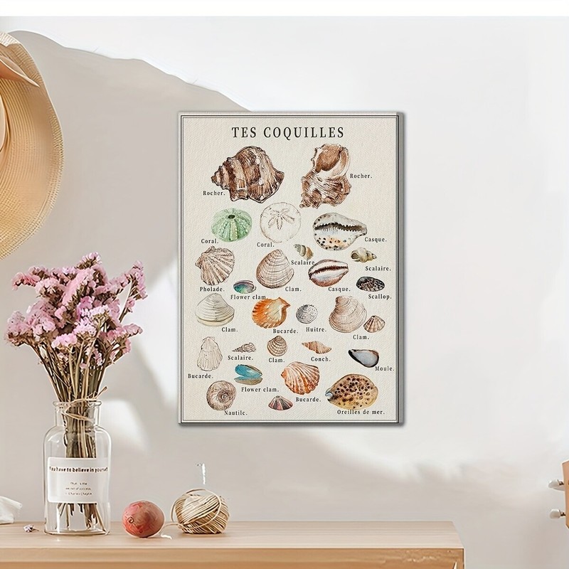 Framed Vintage Seashell Oil Painting Beach Art Oil Painting Bohemian Poster