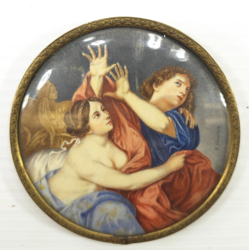 Antique Fine Quality Signed R. CARRIERA Miniature Painting Under Convex Glass