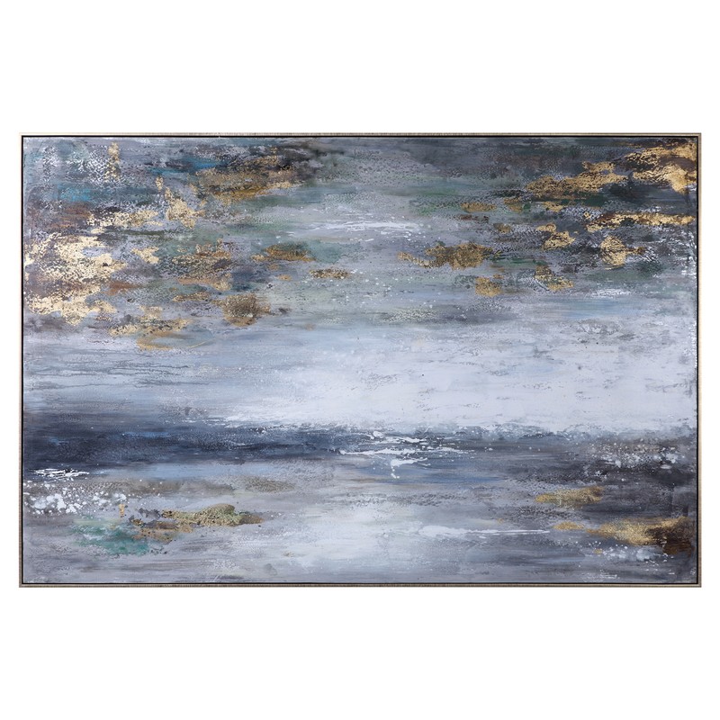Luxe Oversize Modern Seascape Wall Art 73 in Gold Gray White Abstract Painting