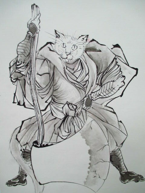 ORIGINAL CAT SAMURAI PAINTING Japanese NINJA warrior Asian Hokusai style TATTOO