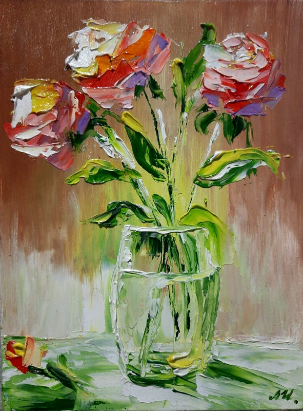 Flower painting.Bouquet of roses in a transparent vase.Wall painting.