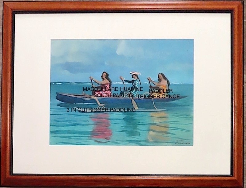 Large Old TAHITI HUAHINE W/C Outrigger Canoe 3 Paddlers Louis Macouillard 1955
