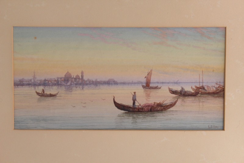 Estate Old Original Signed LaCom Watercolor Venetian Venice Italy Framed gallery
