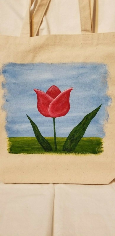acrylic hand painted med/large canvas tote, original flower design, tulip