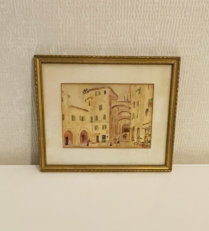 All Original Signed Antique Watercolor Painting of Italian Town Scenery