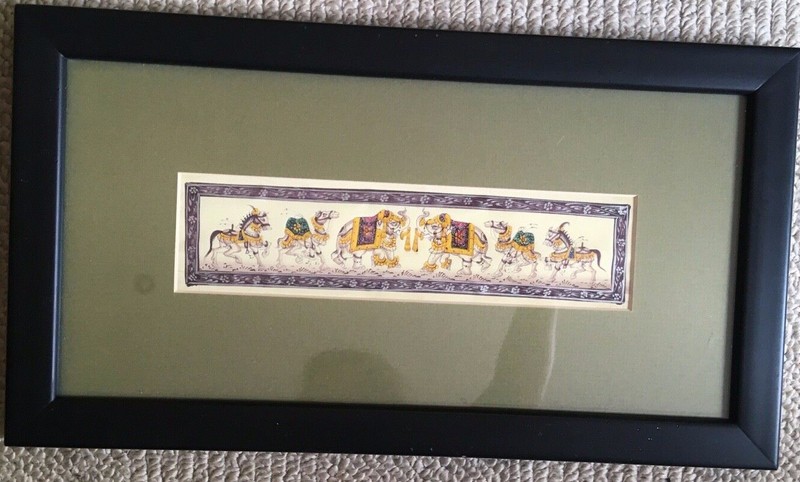 Small Filigree Framed Painting Hand-Painted Silk Horses Elephants Camels