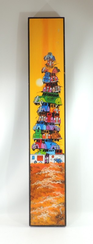 1970s Original Drawing Painting by Fred Bonn Stacked 1930’s Cars 48″ Acrylic