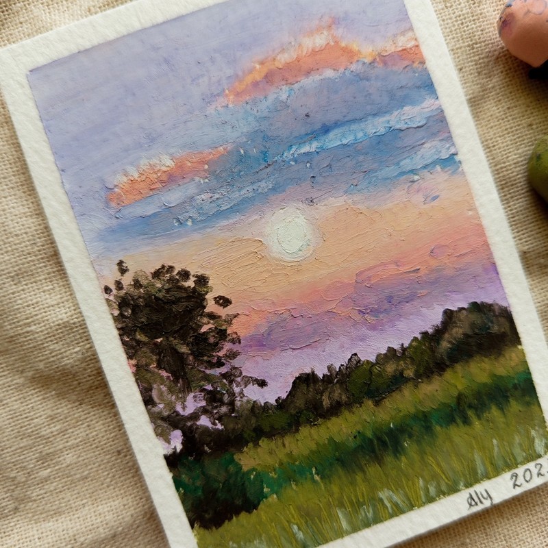 Original ACEO Sunset Valley Oil Pastel Impressionist Evening Mini Painting gallery