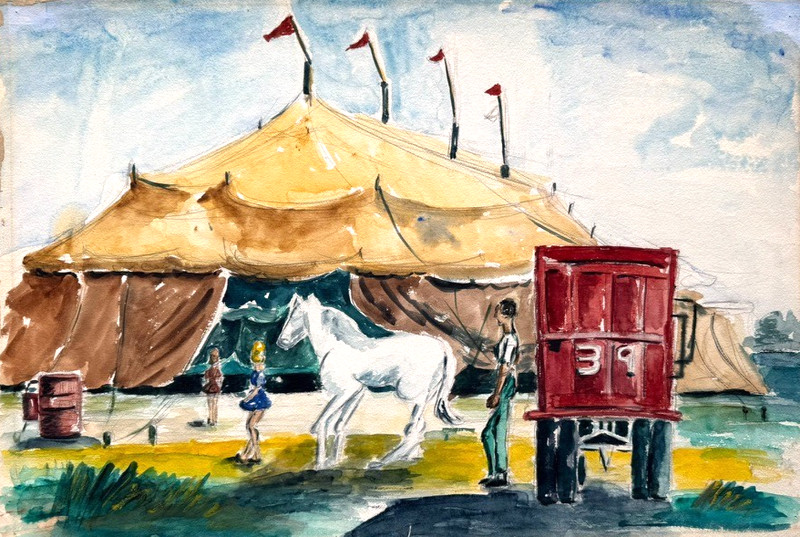 Ringling Bros Circus Original Watercolor Painting Sarasota Florida FL 1946