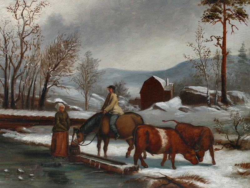 Oil Painting Winter Landscape With Figures, Horses, Signed, Framed gallery
