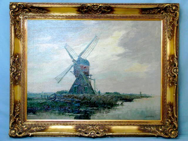 Painting by C. A. Bartels Dutch Seascape with Windmill around 1930 gallery