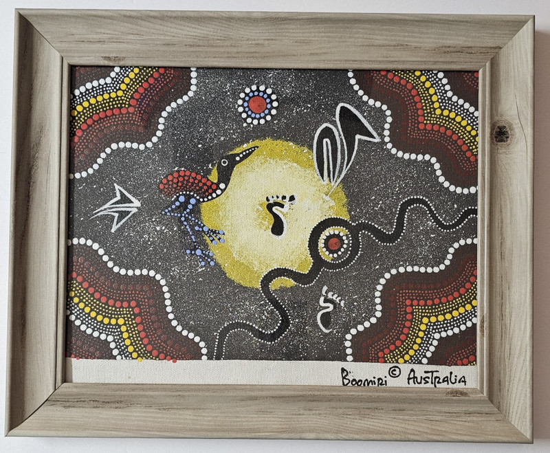 Australian Aboriginal Dot Painting Boomiri Dreamtime Scene Framed Under Glass