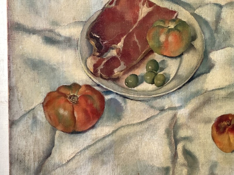 1920's Antique STILL LIFE with Ham Oil Painting - MYSTERY French Painter gallery