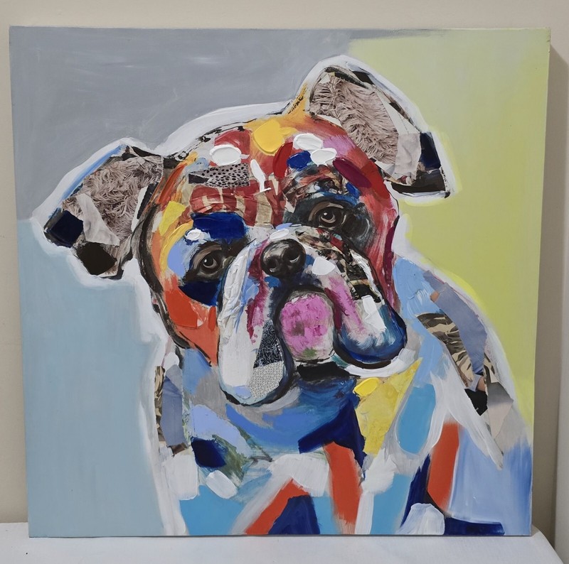 Original Bulldog 3 Dimensional Oil Painting on Canvas ~23.5″W x 23.5″Hcolorful