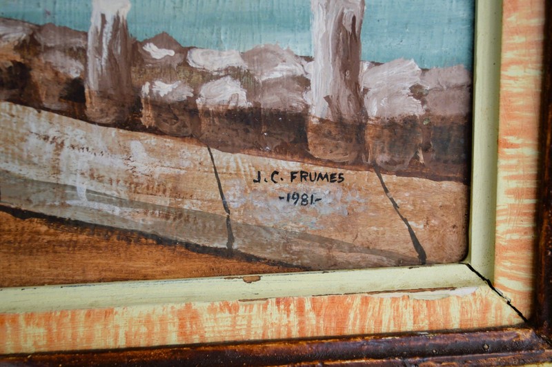 JOSEPH CHARLES FRUMES VINTAGE 1981 LARGE OIL PAINTING WOOD SIGNED CITYSCAPE PORT gallery