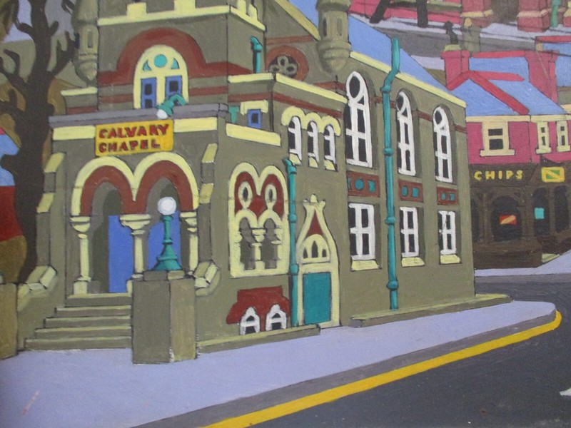 BRIAN REES ORIGINAL PAINTING 18 INCHES VINTAGE STREET SCENE URBAN MODERNISM gallery