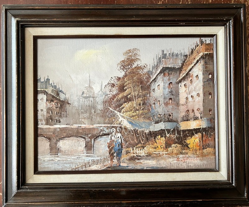 Vintage Framed Signed Oil Painting European Canal Bridge Town City Scene