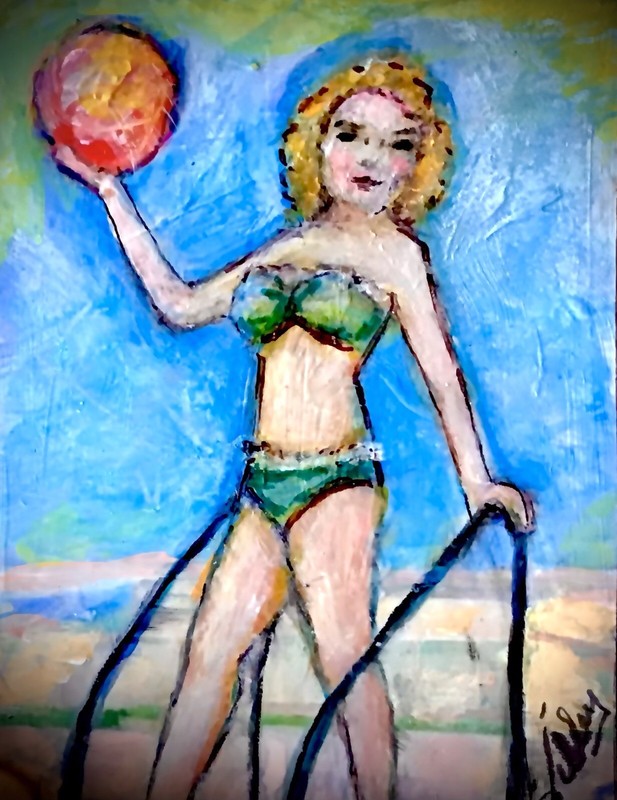 Original ACEO Primitive Painting Woman in Bikini Bathing Suit At Pool 2.5×3.5”