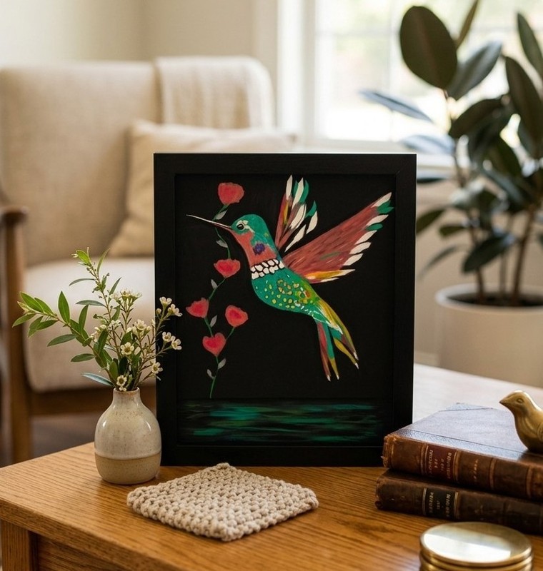 Hummingbird Painting Framed Original Art Vibrant Bird Floral Animal Canvas Board