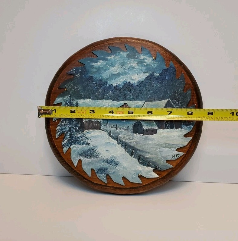 Vintage Hand Painted 7.5 in Saw Blade Mounted on 9 X 9 inch Round Wood Plaque gallery