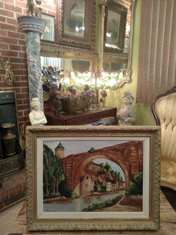 VINTAGE 1960 SIGNED PAINTING ON BOARD OF A CANAL BRIDGE AND VILLA *INHERITED*