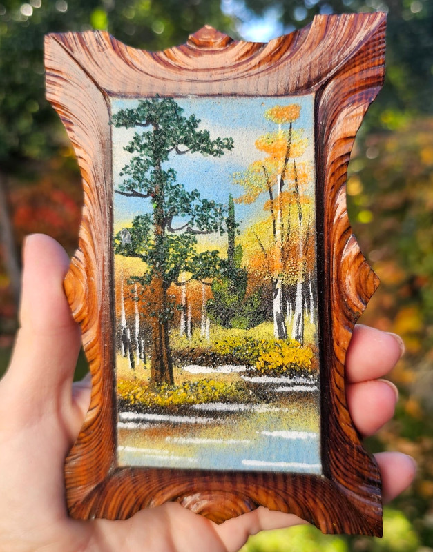 Vintage Russian Fall Landscape Mineral Stone Painting in Wooden Frame