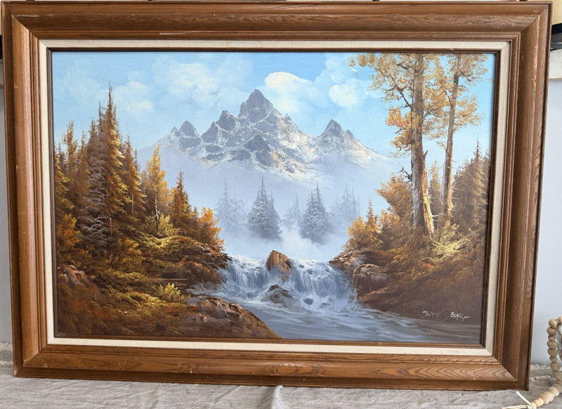 Bishop Signed Framed Realism Canvas Mountain Landscape Waterfall Forest River