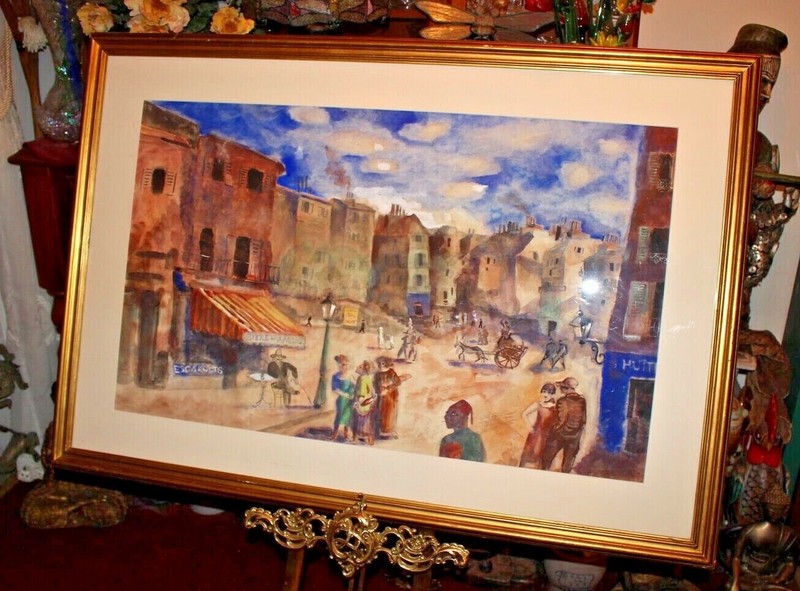 LARGE French Paris Street Scene Painting Women Cafe Buildings Signed MV Framed
