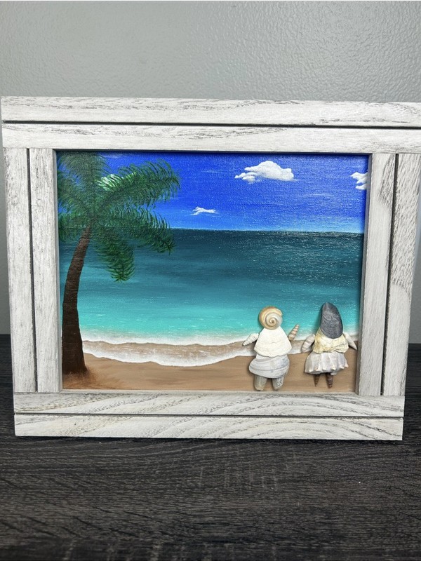 Hand Painted Beach Scene With Shell People Ocean Coastal Framed Art Unique 8×10