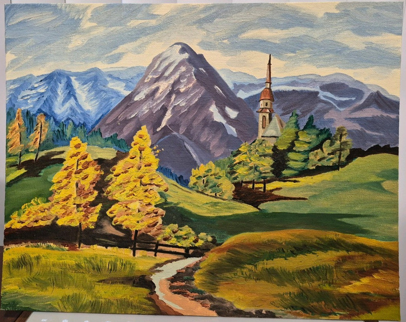 Impressionist Oil Painting on Canvas – Mountain Landscape with Church, Trees