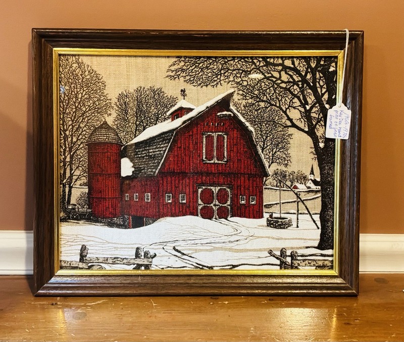 VTG Kay Dee Hand Painted On Linen Framed Snowy Red Barn Farmhouse Country 16×13”