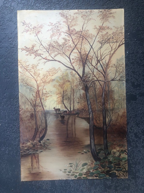 Deer In Forest Antique 1906 Oil Painting On Tin After Edward J. Duval 1838-1923