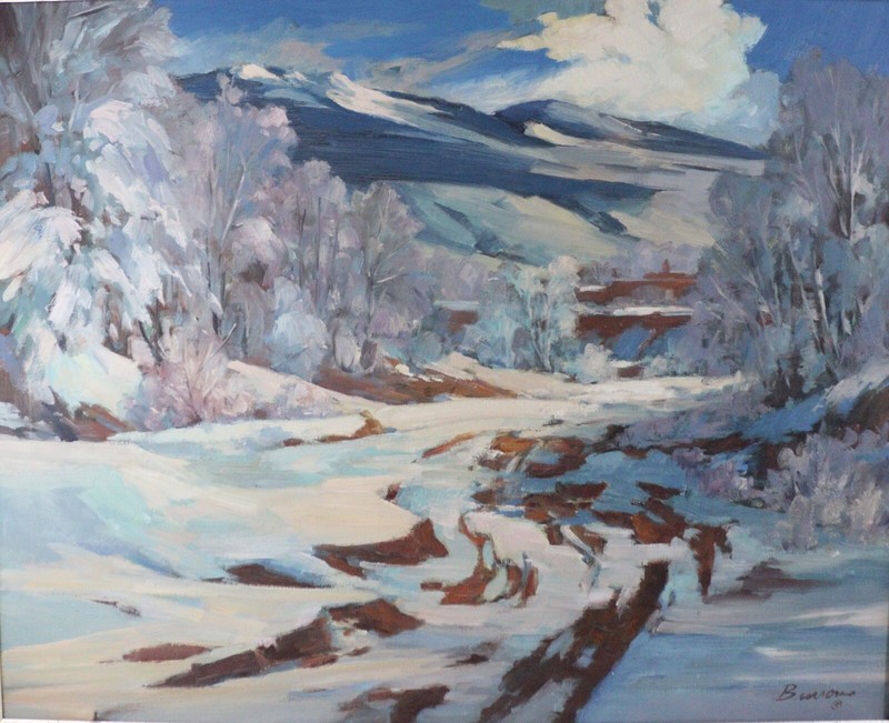 One original signed titled solitude snowy mountain landscape oil painting 24×30