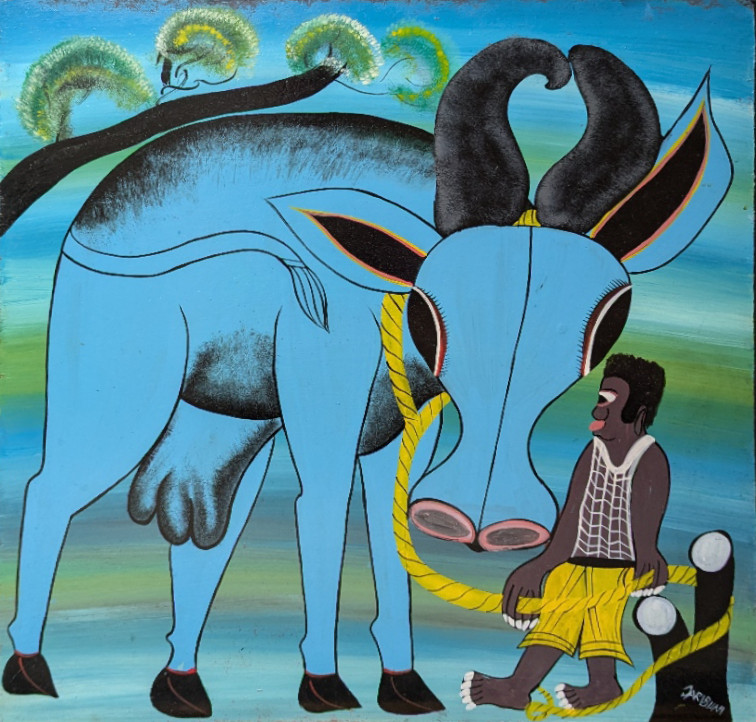 JURIBUNI 2 Paintings of MAN AND HIS BUFFALO COW CLASSIC TINGATINGA board 2'X2' gallery