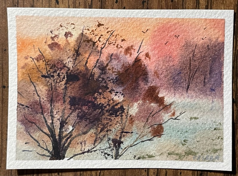 ACEO Original Watercolor Painting Landscape Nature Fall – 2.5×3.5 in – NEW