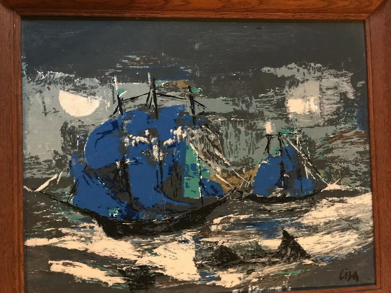VINTAGE 50s abstract original hand painted oil PAINTING by Cisa seascape ships