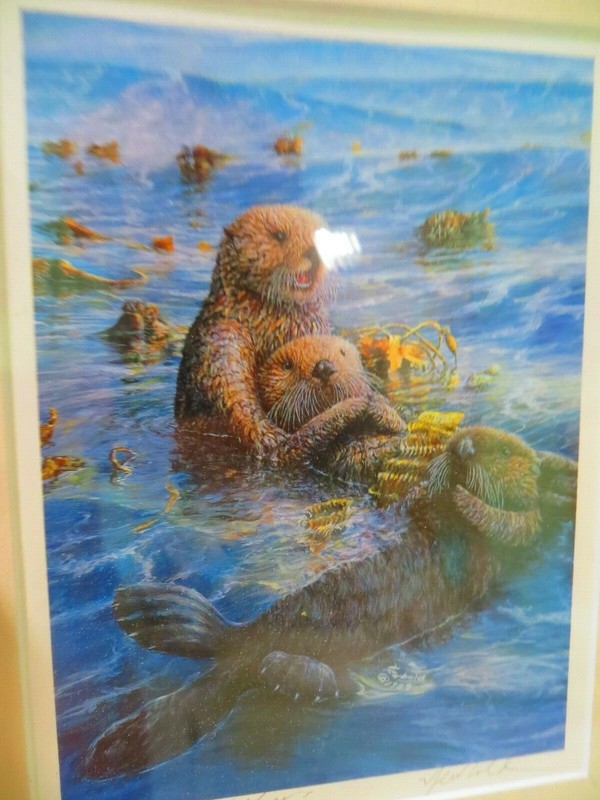 1989 ARTIST SIGNED NEWBOLD PICTURE Sea Otters framed under glass 1 mat 12 x 10 gallery