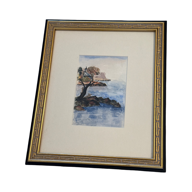 Original Coastal Watercolor in Greek Key Frame • Custom Tru Vue UV Glass