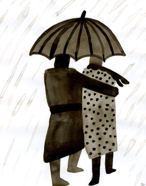 Couple Under Umbrella Painting, Black & White Minimalist Art 8×10