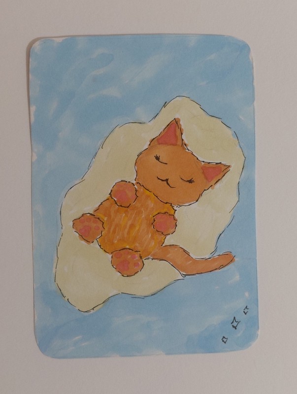 ACEO Original Art Card, «Soothing Purrs», Cat, Ocean, Island. Marker Drawing