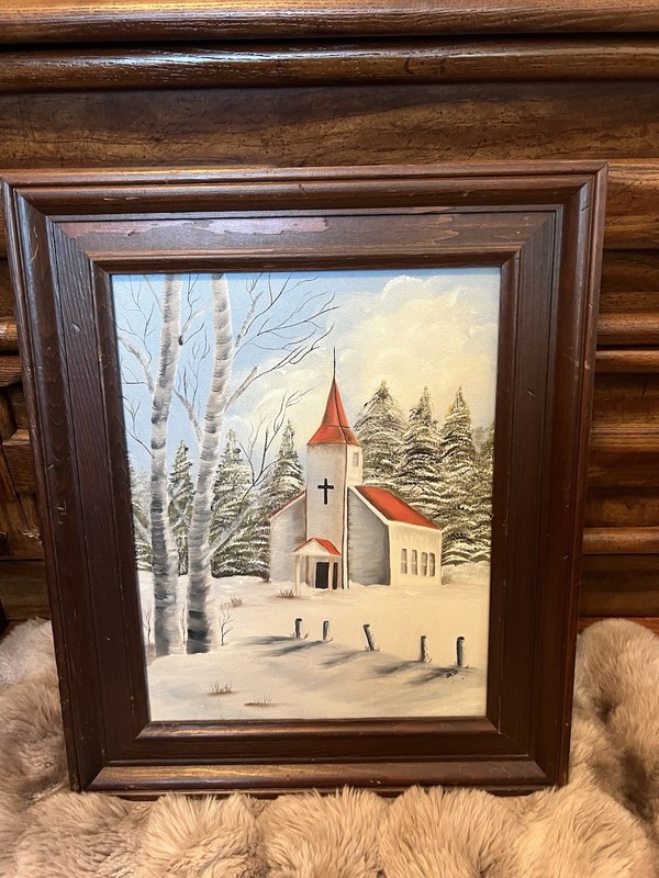 Antique Landscape Church Steeple Oil Painting