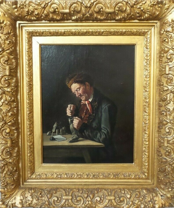 Antique 1886 German MAX KAUFMANN Oil on Canvas Painting Money Counting Merchant gallery