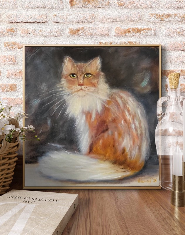 Painting oil canvas, cat, 40x40cm, hand painted, signed, NO FRAME gallery