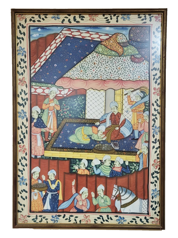 Vintage 20th C ASIAN Persian Indian MUGHAL Framed Under Glass PAINTING on SILK